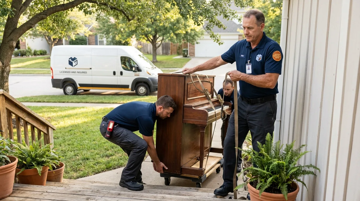 Licensed piano movers securing grand piano in Durham, NC